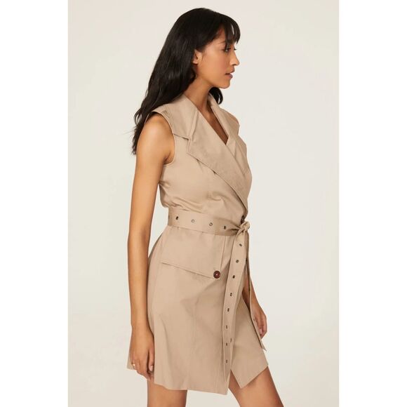 EUC Toccin NY Sleeveless Belted Wrap Trench Mini Dress in Khaki Tan Size 0 - Picture 3 of 15
